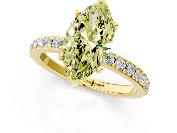 Yellow gold Fancy Yellow Marquise  Cut Diamond Solitaire with Pave Band and Four-Prong Setting