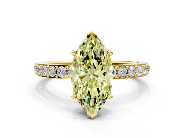Yellow gold Fancy Yellow Marquise  Cut Diamond Solitaire with Pave Band and Four-Prong Setting