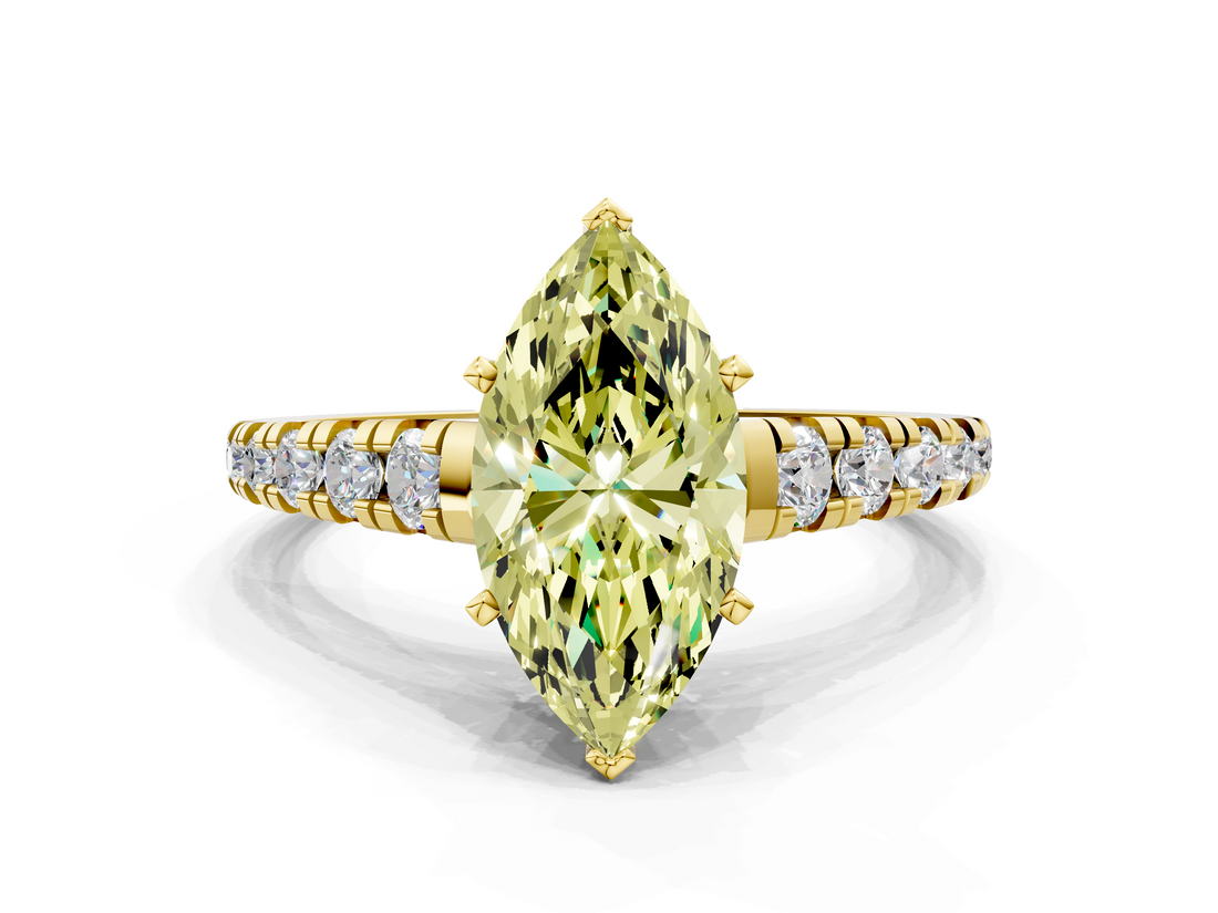 Yellow gold Fancy Yellow Marquise  Cut Diamond Solitaire with Pave Band and Four-Prong Setting