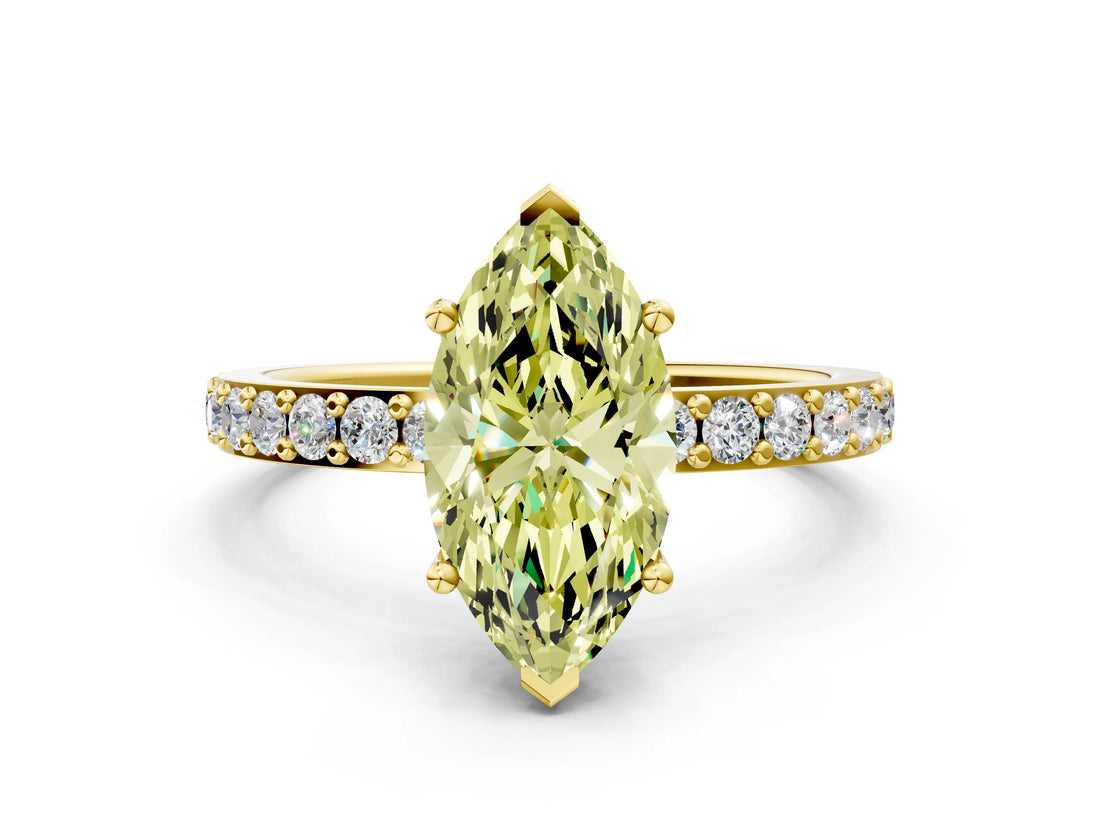 Yellow gold Fancy Yellow Marquise  Cut Diamond Solitaire with Pave Band and Four-Prong Setting
