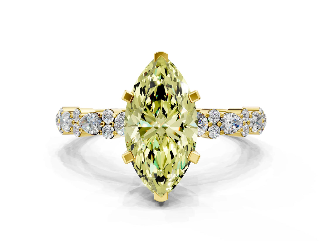 Yellow gold Fancy Yellow Marquise Cut Diamond Solitaire with Side Stones, Pave Band, Four-Prong Setting_41