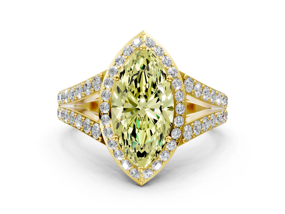Yellow gold Fancy Yellow Marquise Cut Diamond Split Shank Halo Ring with Four-Prong Setting_17