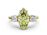 Yellow gold Fancy Yellow Marquise Cut Diamond Three-Stone Engagement Ring with Prong Setting and Pavé Band
