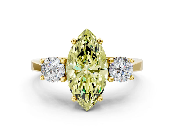 Yellow gold Fancy Yellow Marquise Cut Diamond Three-Stone Engagement Ring with Prong Setting and Pavé Band