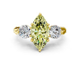 Yellow gold Fancy Yellow Marquise Cut Diamond Three-Stone Ring with Prong Setting and Pavé Band