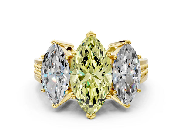 Yellow gold Fancy Yellow Marquise Cut Diamond Three-Stone Ring with Prong Setting and Textured Band