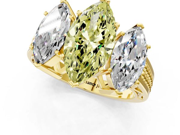 Yellow gold Fancy Yellow Marquise Cut Diamond Three-Stone Ring with Prong Setting and Textured Band