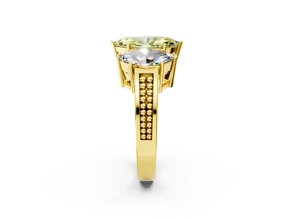 Yellow gold Fancy Yellow Marquise Cut Diamond Three-Stone Ring with Prong Setting and Textured Band