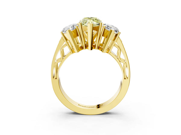 Yellow gold Fancy Yellow Marquise Cut Diamond Three-Stone Ring with Prong Setting and Textured Band