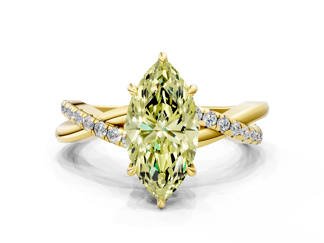 Yellow gold Fancy Yellow Marquise  Cut Diamond Twisted Band with Pavé Setting and Four-Prong Setting