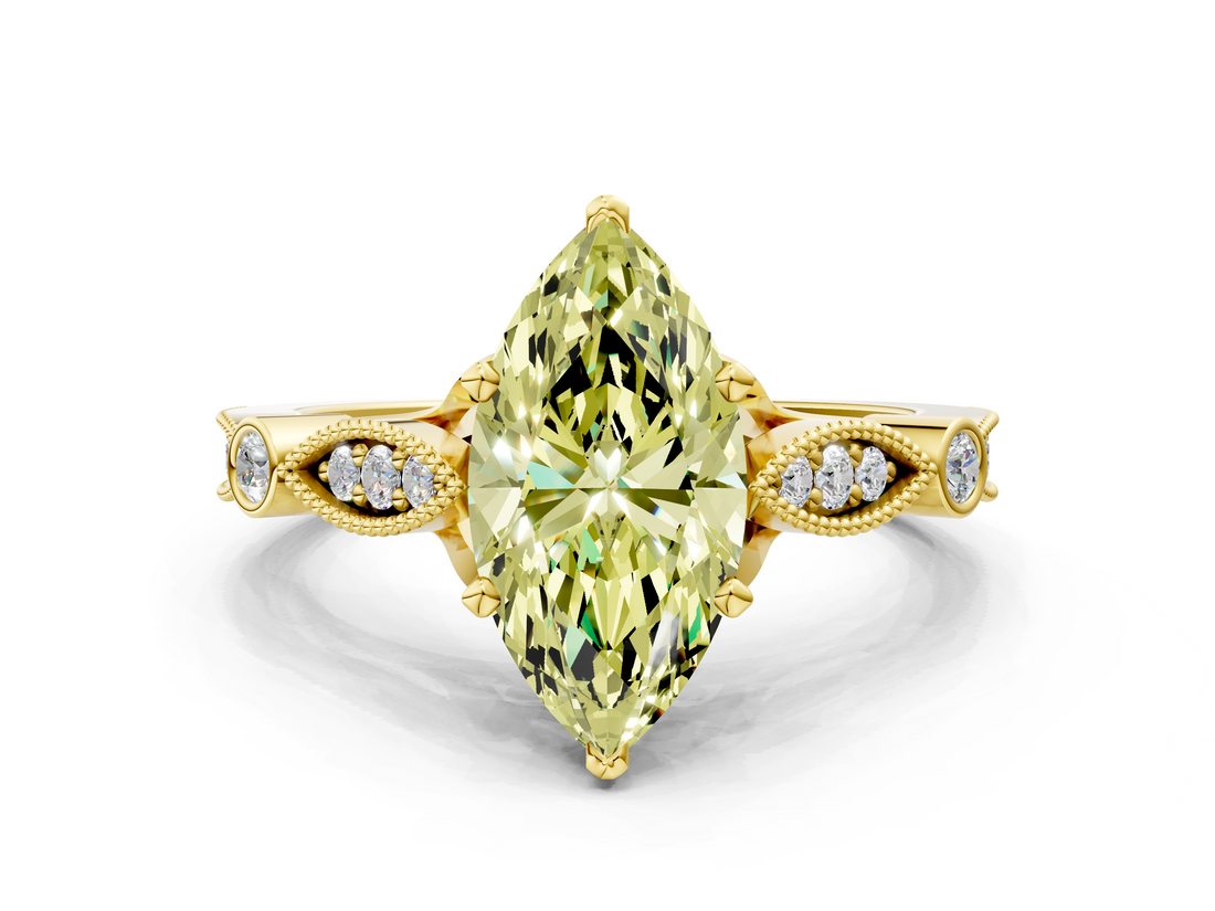Yellow gold Fancy Yellow Marquise  Cut Diamond with Milgrain Marquise and Bezel Accents on a Solitaire Band with Prong Setting