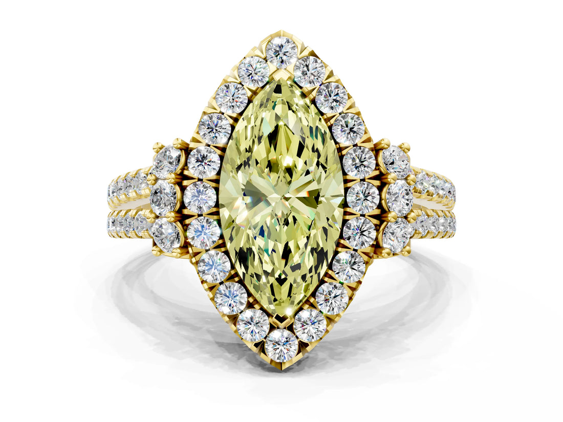 Yellow gold Fancy Yellow Marquise  Cut Double Halo Diamond Engagement Ring with Pave Band and Four-Prong Setting