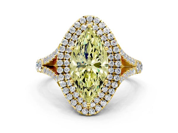 Yellow gold Fancy Yellow Marquise  Cut Double Halo Split Shank Diamond Ring with Prong Setting