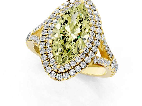 Yellow gold Fancy Yellow Marquise  Cut Double Halo Split Shank Diamond Ring with Prong Setting