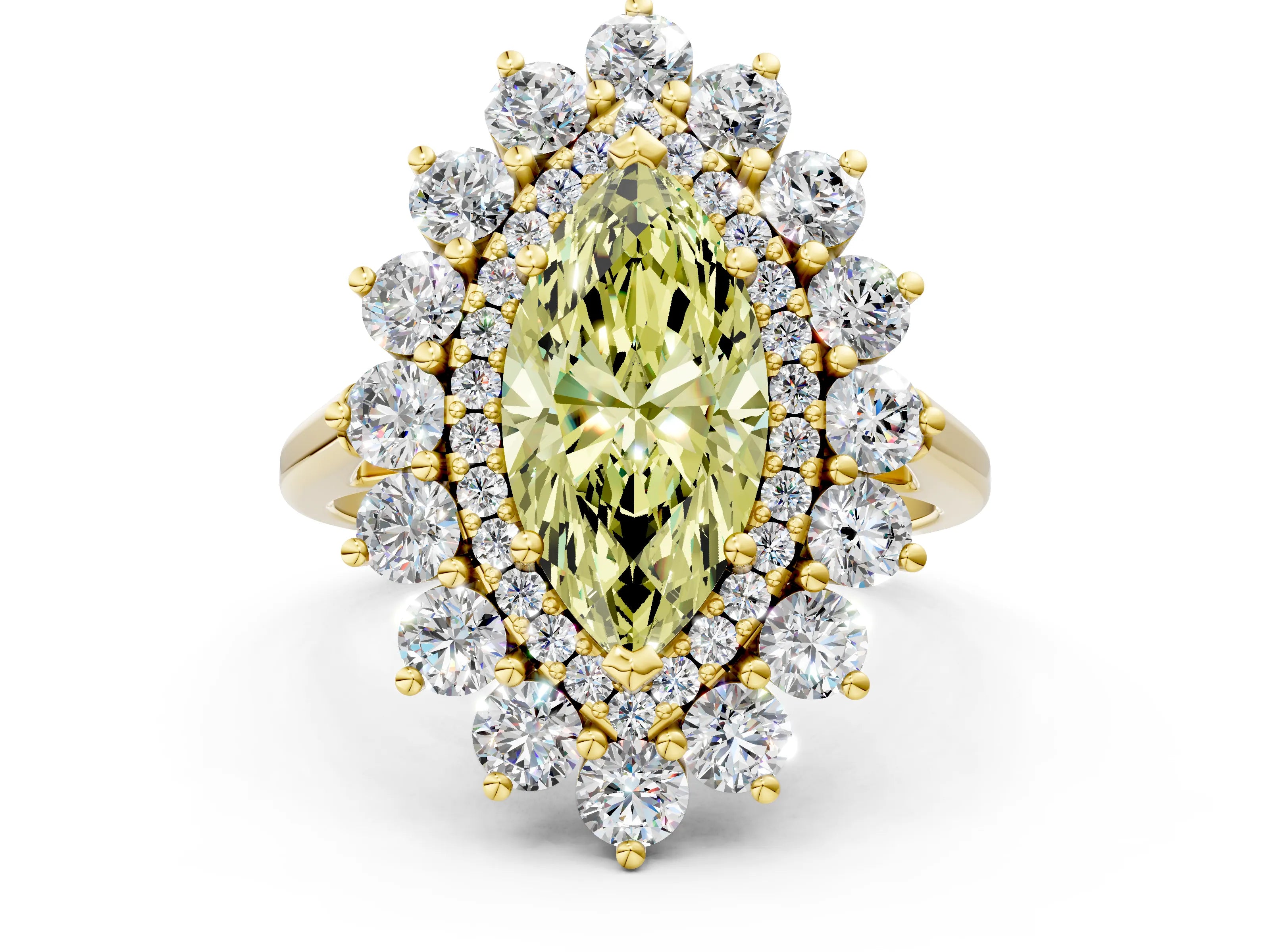 Yellow gold Fancy Yellow Marquise Cut Halo Cluster Diamond Ring with Pave Band and Four-Prong Setting