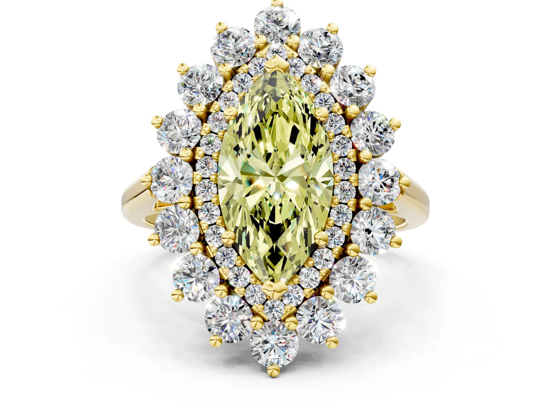 Yellow gold Fancy Yellow Marquise Cut Halo Cluster Diamond Ring with Pave Band and Four-Prong Setting_12