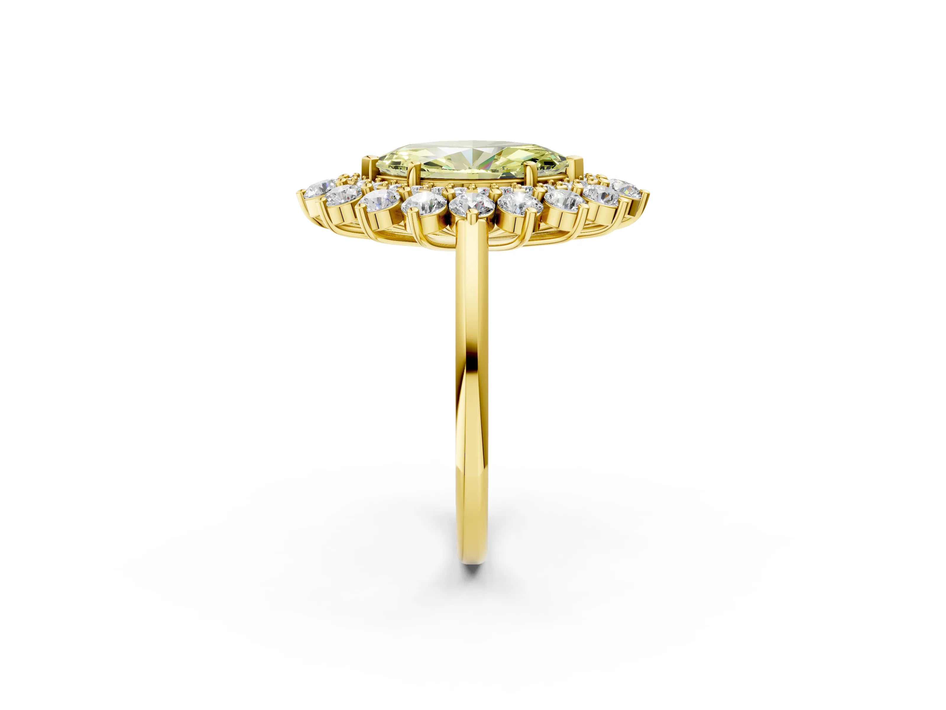 Yellow gold Fancy Yellow Marquise Cut Halo Cluster Diamond Ring with Pave Band and Four-Prong Setting_14