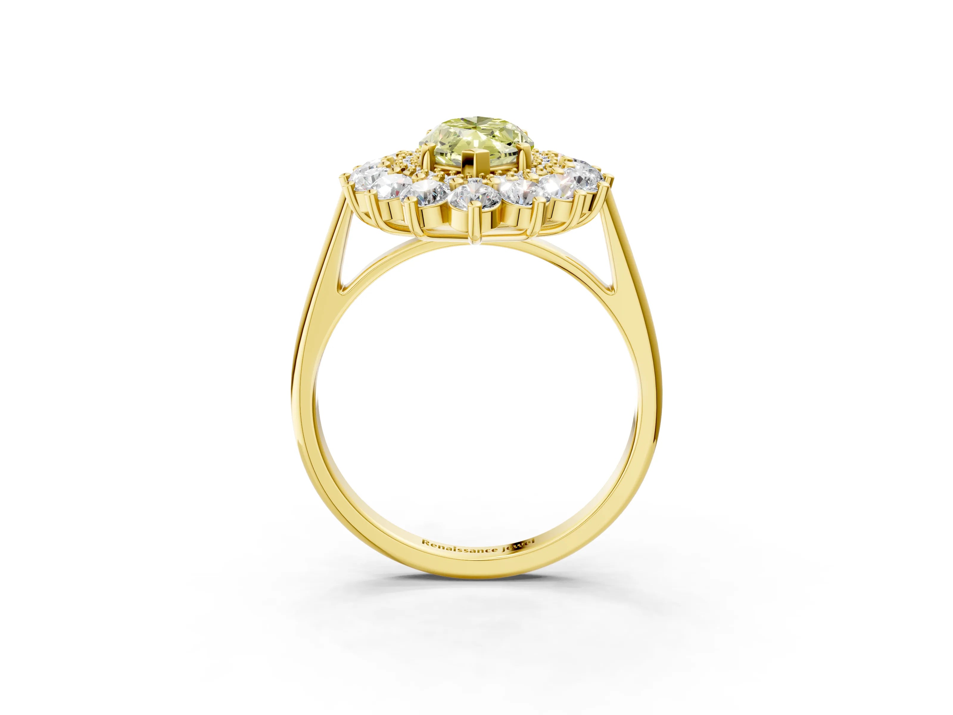 Yellow gold Fancy Yellow Marquise Cut Halo Cluster Diamond Ring with Pave Band and Four-Prong Setting_15