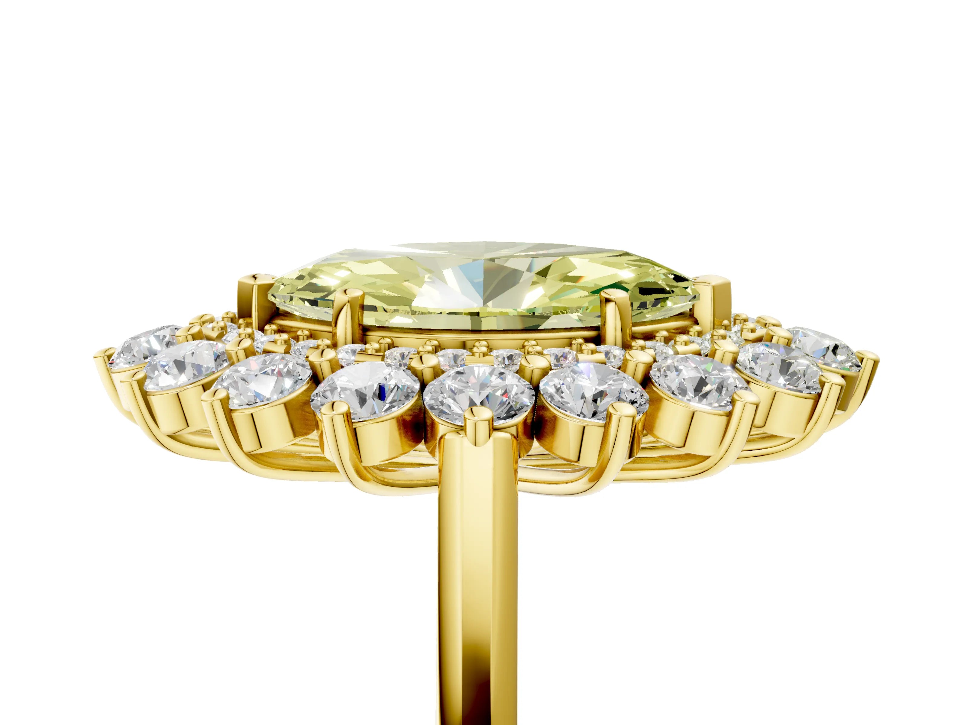 Yellow gold Fancy Yellow Marquise Cut Halo Cluster Diamond Ring with Pave Band and Four-Prong Setting_17