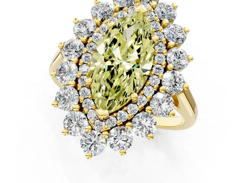 Yellow gold Fancy Yellow Marquise Cut Halo Cluster Diamond Ring with Pave Band and Four-Prong Setting_1