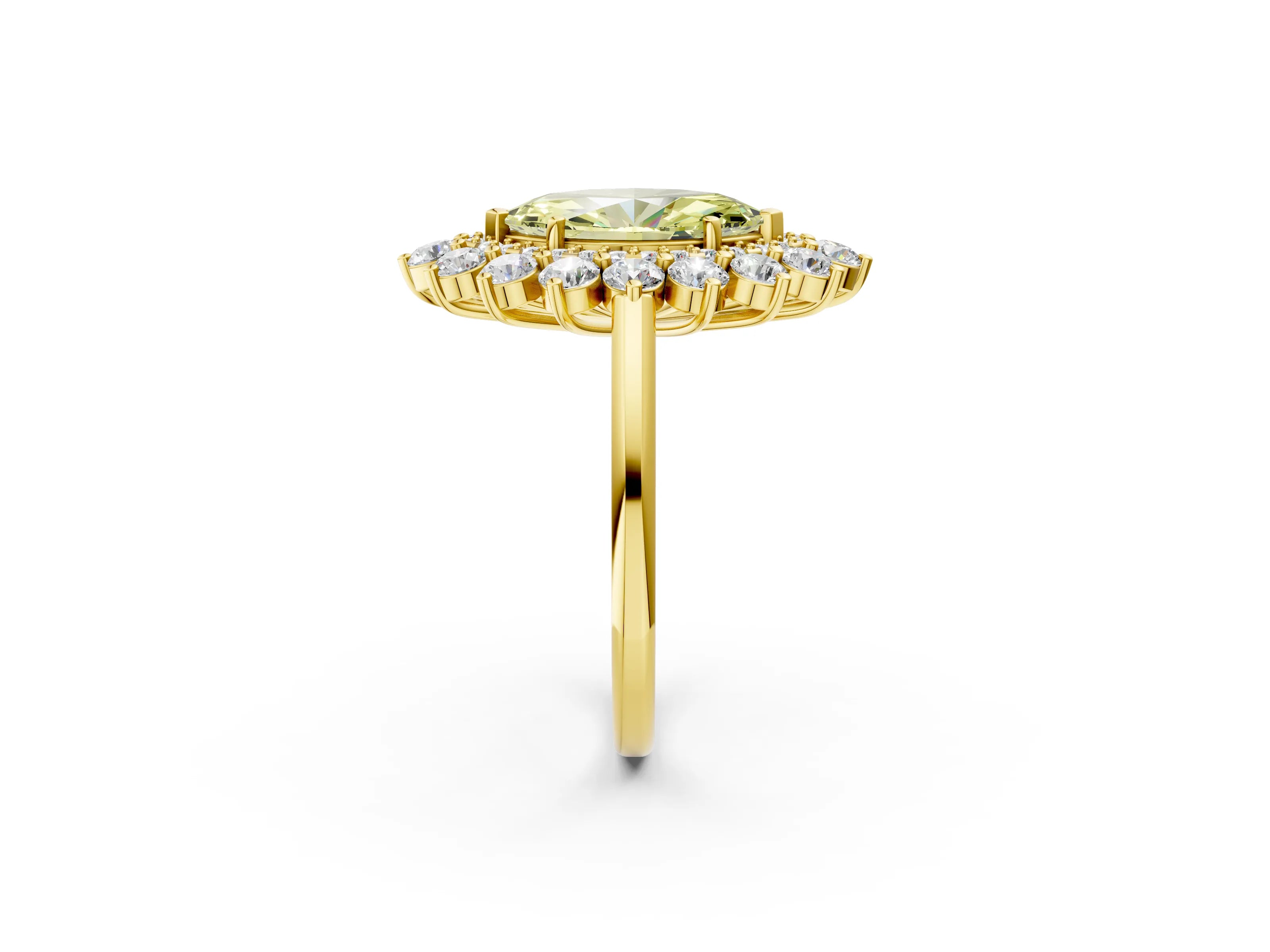 Yellow gold Fancy Yellow Marquise Cut Halo Cluster Diamond Ring with Pave Band and Four-Prong Setting_2