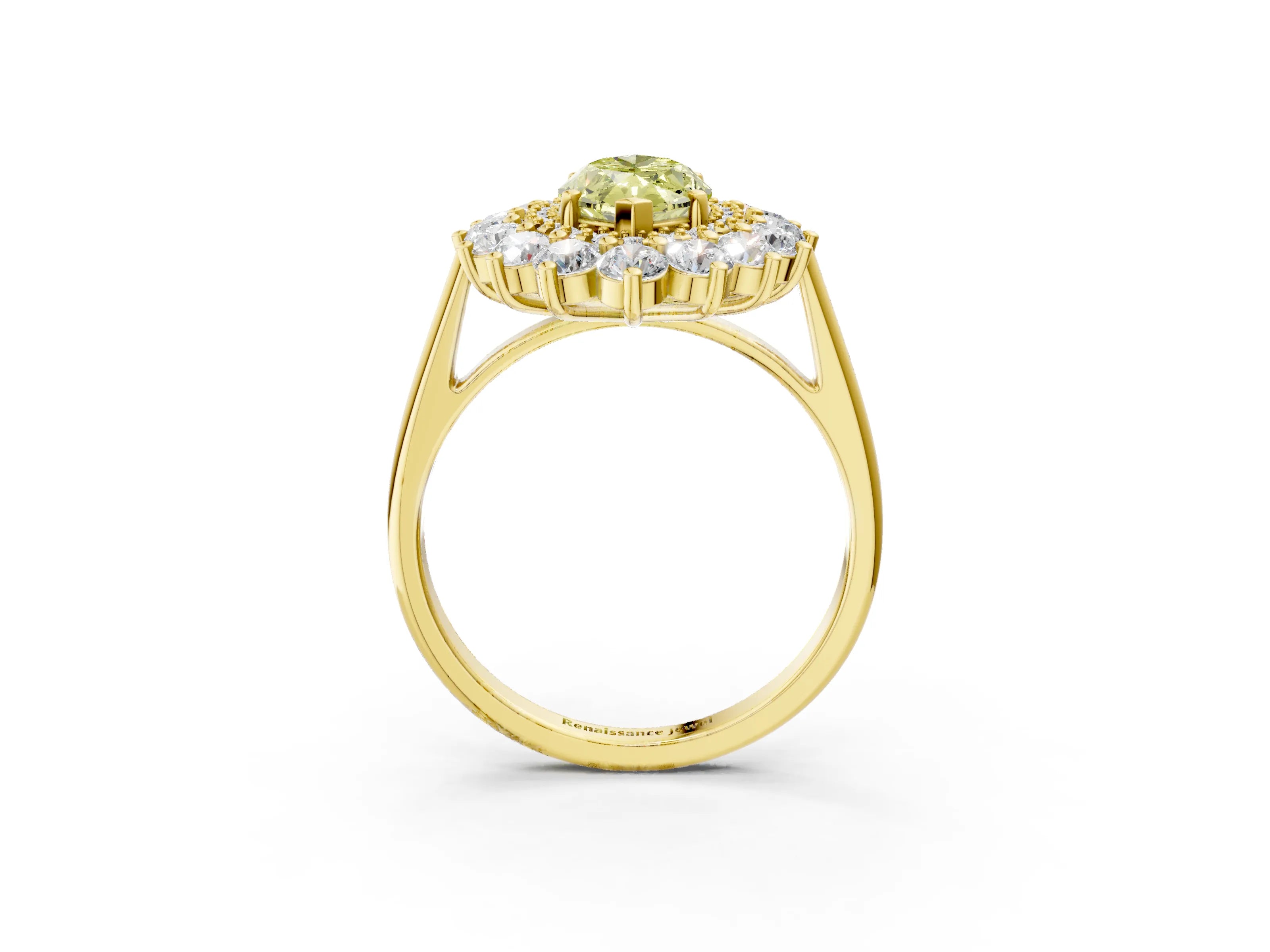 Yellow gold Fancy Yellow Marquise Cut Halo Cluster Diamond Ring with Pave Band and Four-Prong Setting_3