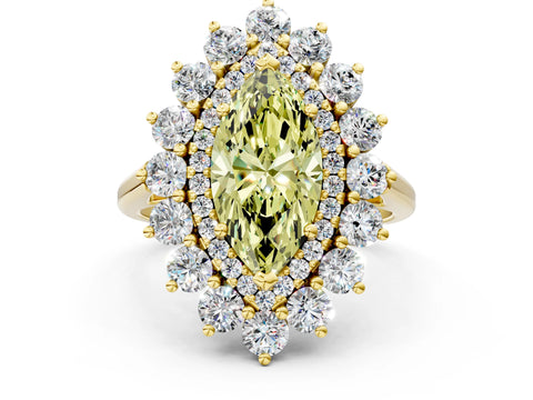 Yellow gold Fancy Yellow Marquise Cut Halo Cluster Diamond Ring with Pave Band and Four-Prong Setting