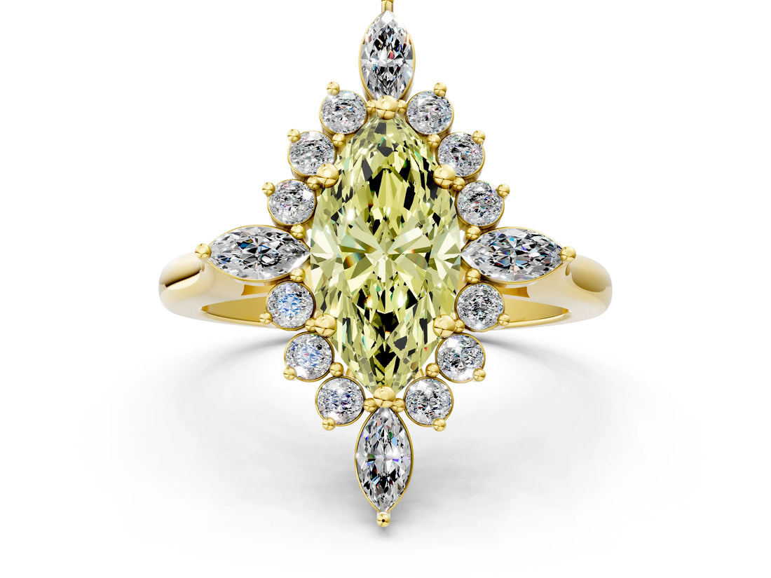 Yellow gold Fancy Yellow Marquise Cut Halo Diamond Cluster Ring with Marquise and Round Stones on a White Gold Band with Prong Setting