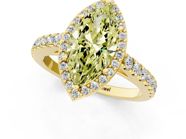 Yellow gold Fancy Yellow Marquise  Cut Halo Diamond Engagement Ring with Pave Band and Four-Prong Setting