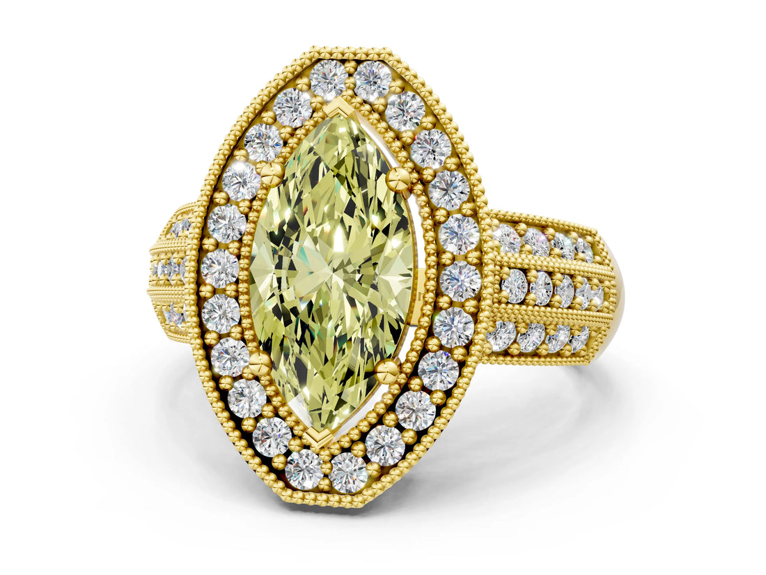 Yellow gold Fancy Yellow Marquise Cut Halo Diamond Engagement Ring with Pave Split Shank and Four-Prong Setting