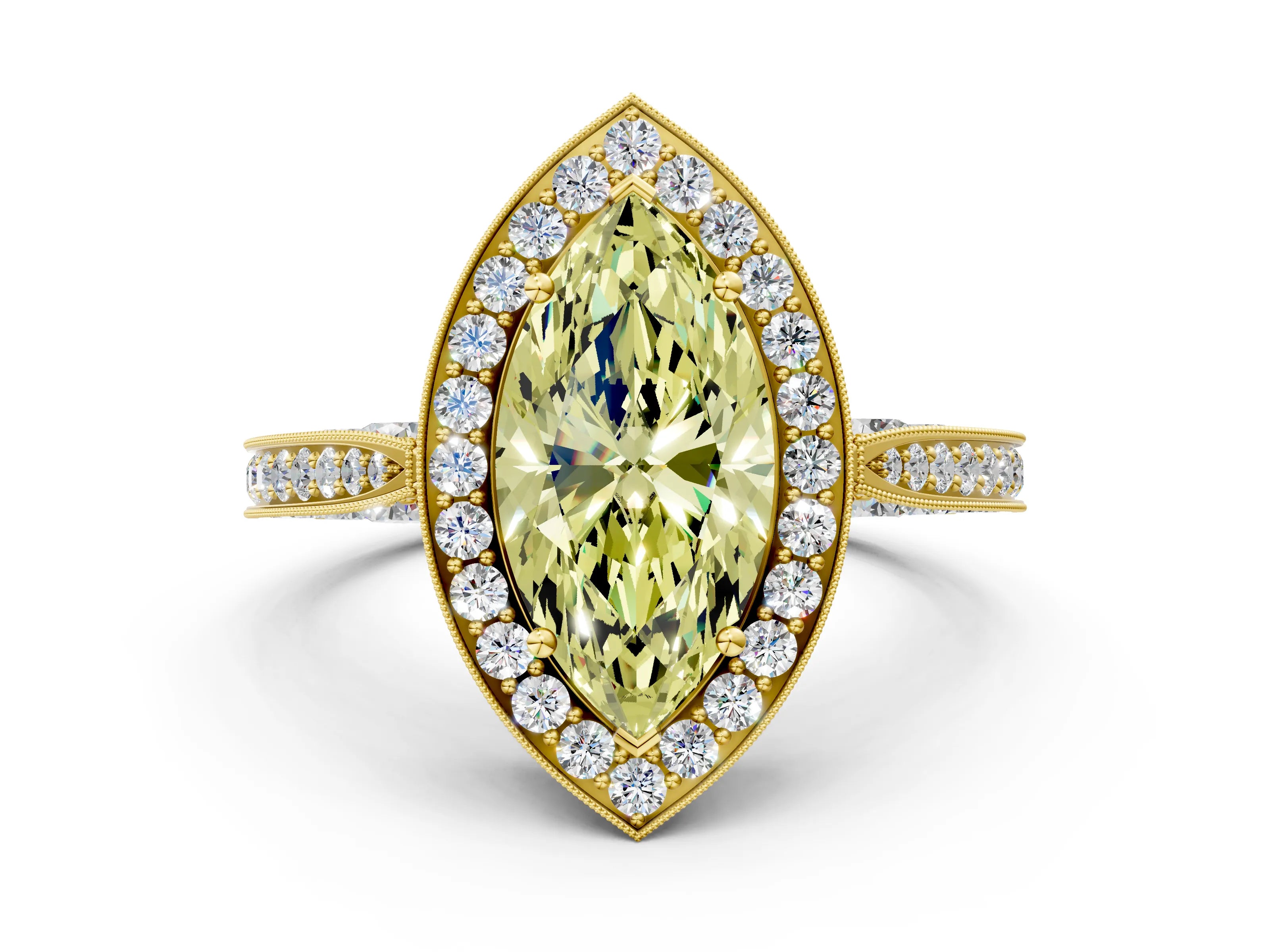 Yellow gold Fancy Yellow Marquise Cut Halo Diamond Engagement Ring with Split Shank Band and Four-Prong Setting