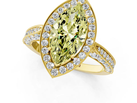 Yellow gold Fancy Yellow Marquise Cut Halo Diamond Engagement Ring with Split Shank Band and Four-Prong Setting_1
