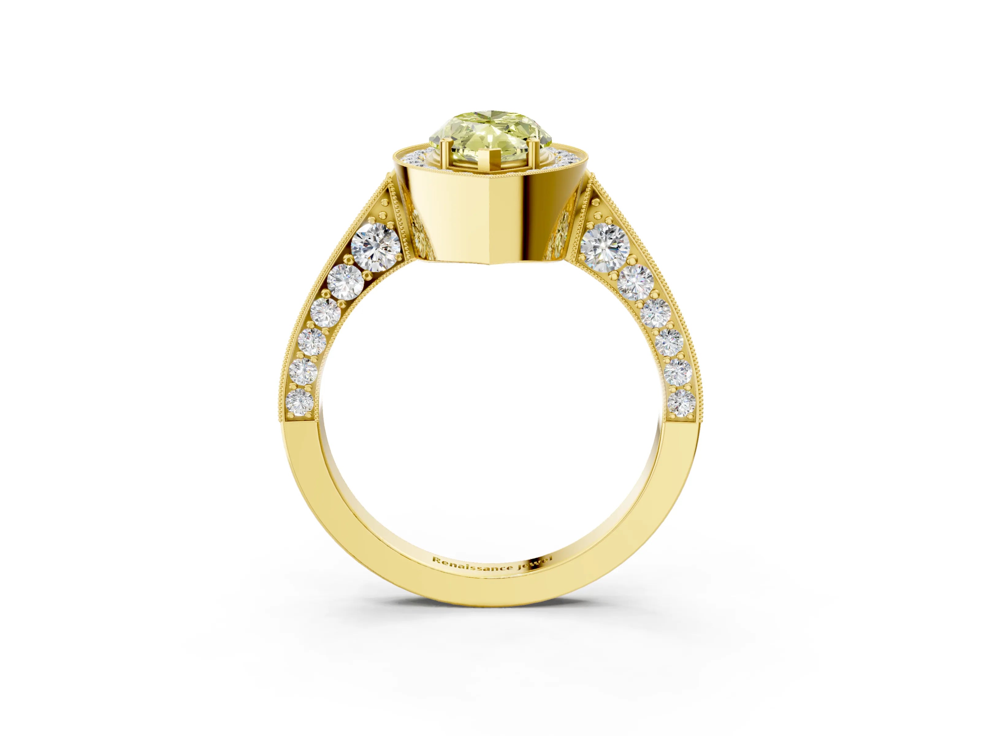 Yellow gold Fancy Yellow Marquise Cut Halo Diamond Engagement Ring with Split Shank Band and Four-Prong Setting_3