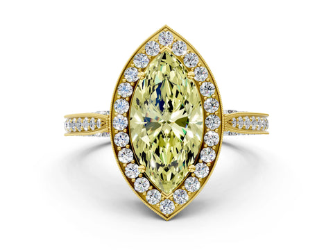 Yellow gold Fancy Yellow Marquise Cut Halo Diamond Engagement Ring with Split Shank Band and Four-Prong Setting