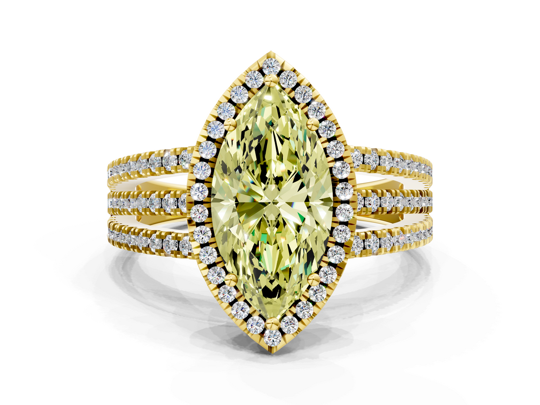 Yellow gold Fancy Yellow Marquise  Cut Halo Diamond Engagement Ring with Split Shank and Four-Prong Setting