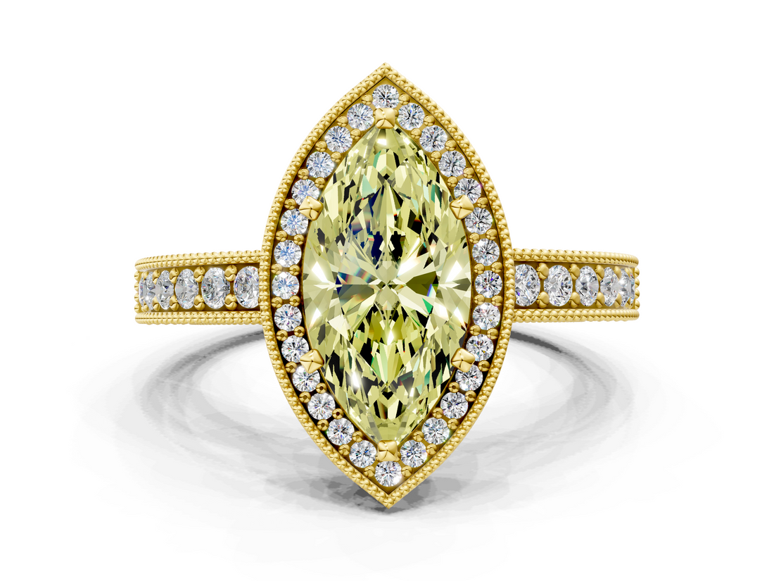 Yellow gold Fancy Yellow Marquise  Cut Halo Diamond Pave Band Ring with Four-Prong Setting