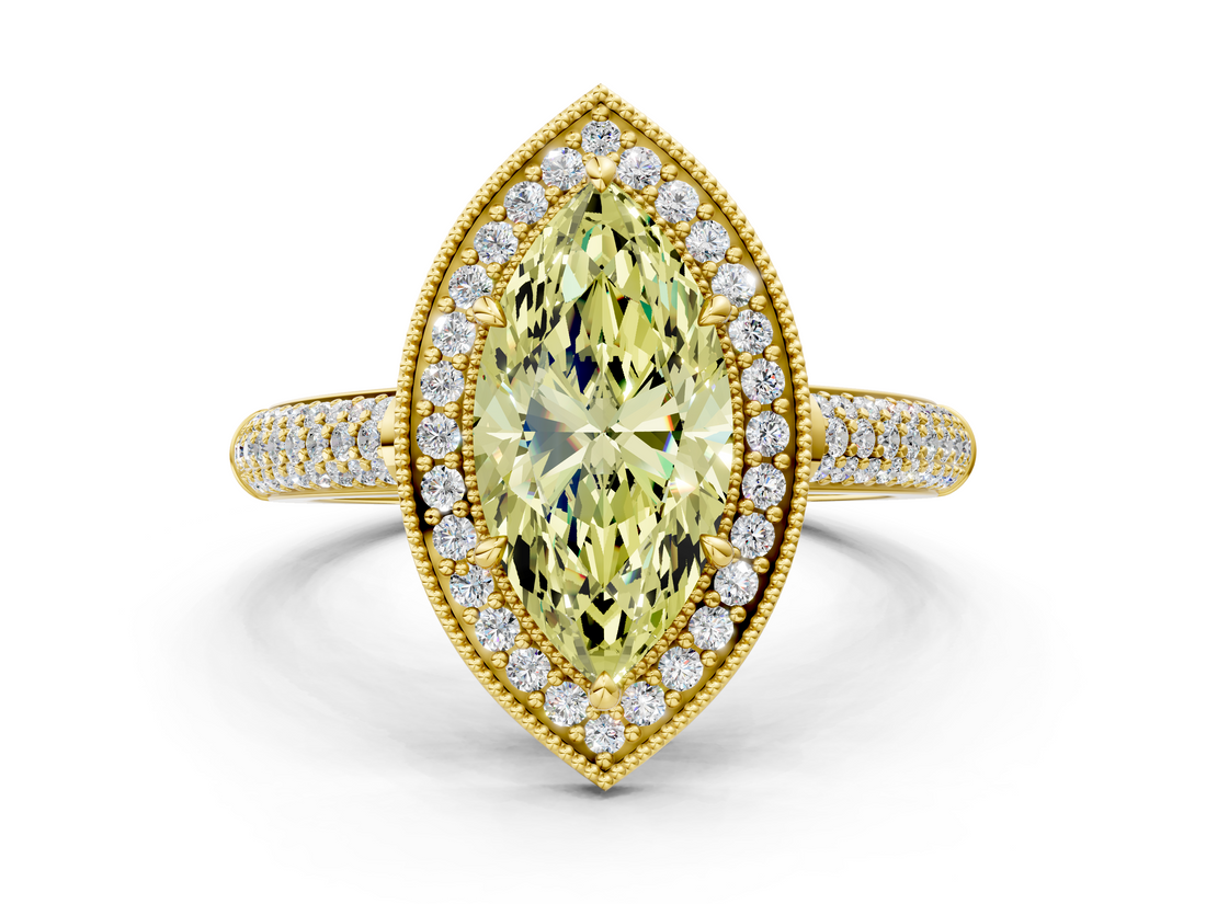 Yellow gold Fancy Yellow Marquise  Cut Halo Diamond Pave Band with Four-Prong Setting