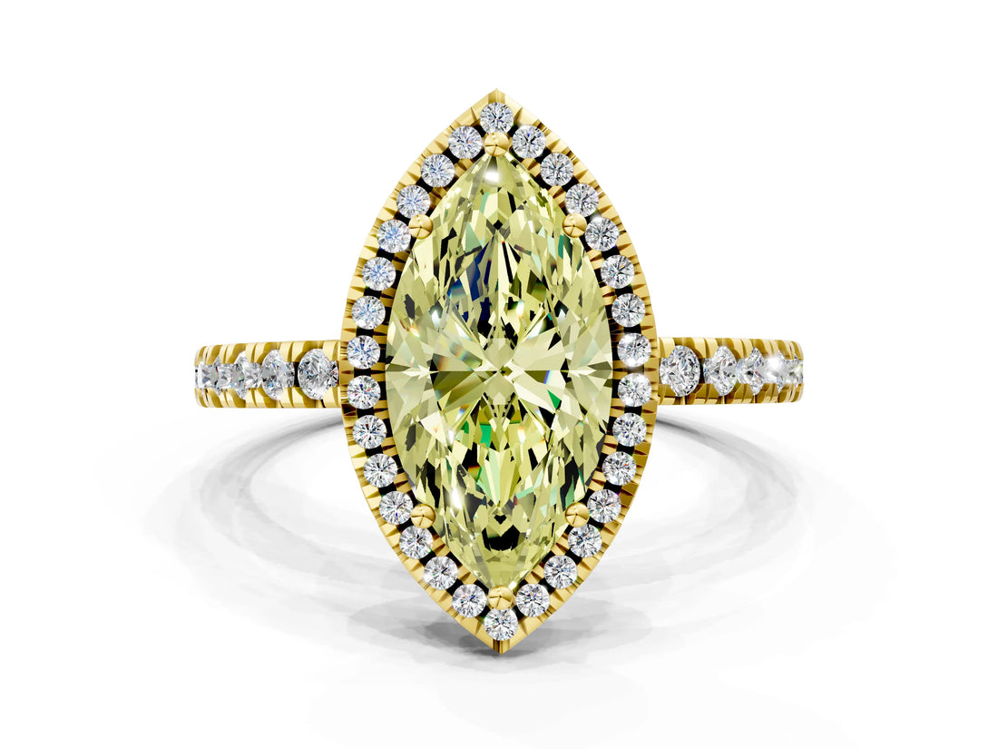 Yellow gold Fancy Yellow Marquise Cut Halo Diamond Pave Band with Prong Setting