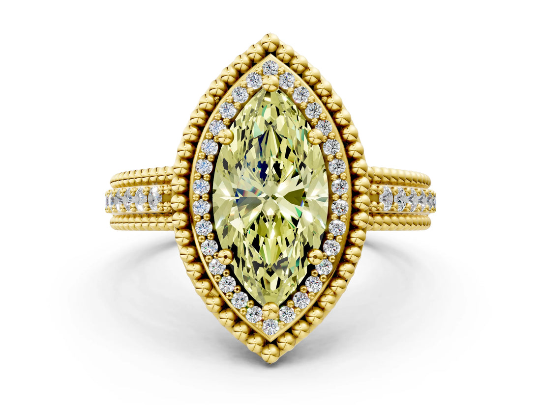Yellow gold Fancy Yellow Marquise Cut Halo Diamond Ring with Beaded Split Shank and Four-Prong Setting