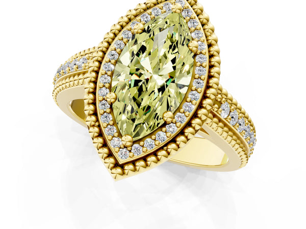 Yellow Gold Marquise Beaded Halo Engagement Ring Setting for Fancy Yellow Center with Pave