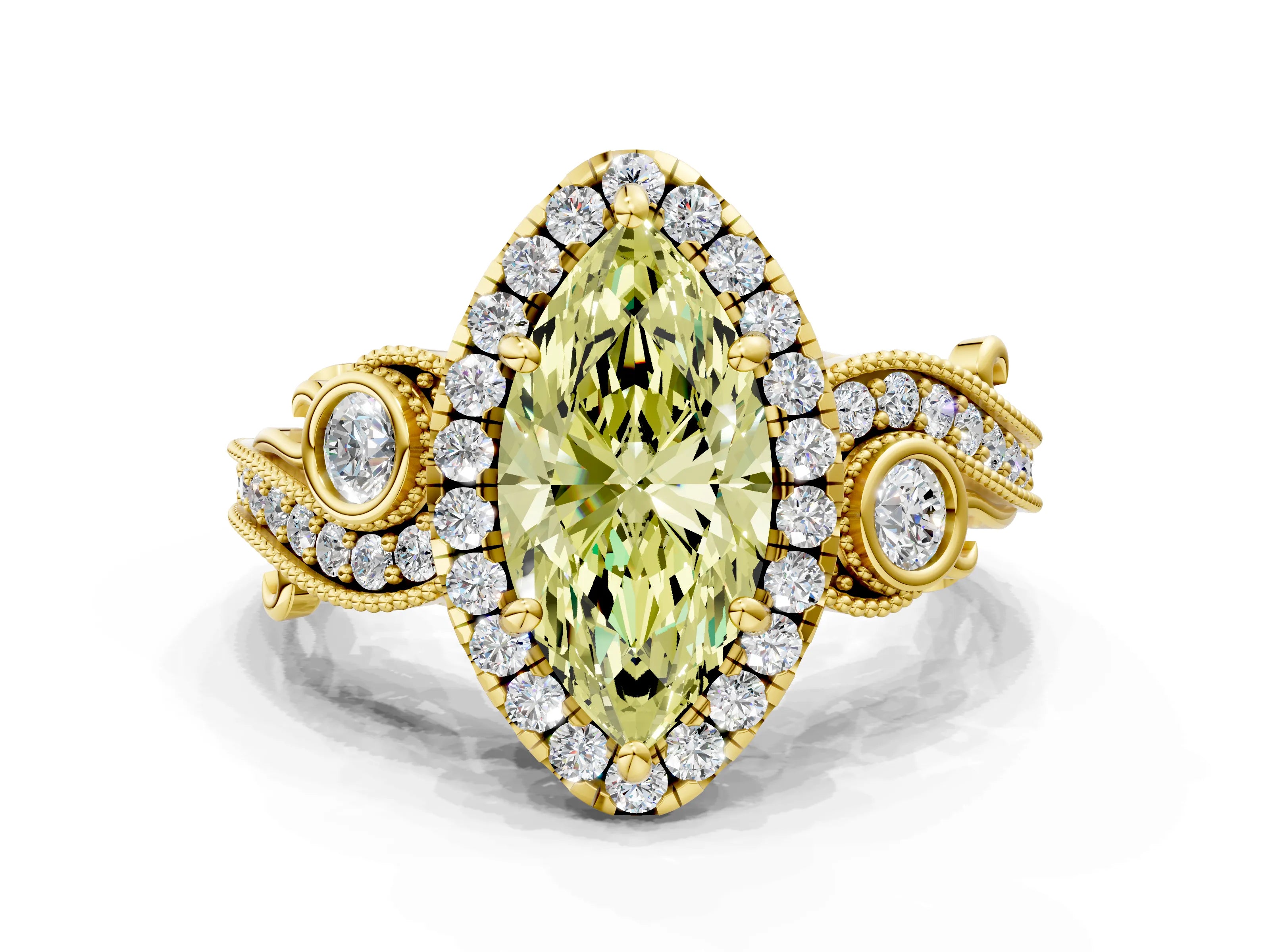 Yellow gold Fancy Yellow Marquise Cut Halo Diamond Ring with Milgrain and Bezel Accents on a Split Shank Band