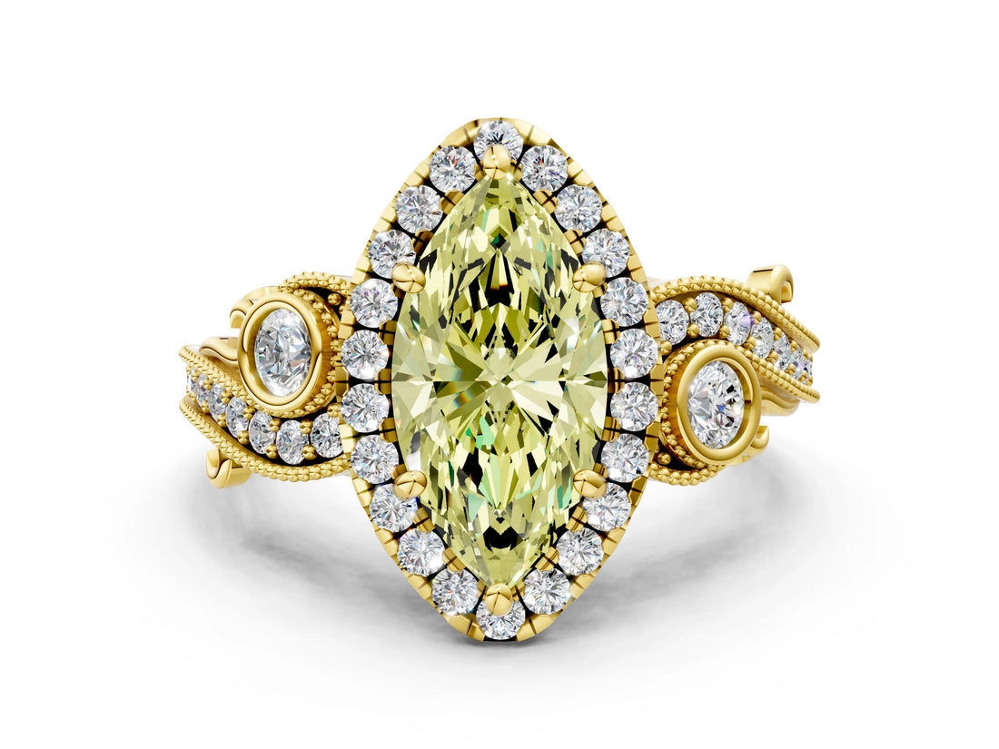 Yellow gold Fancy Yellow Marquise Cut Halo Diamond Ring with Milgrain and Bezel Accents on a Split Shank Band_12