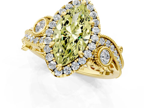 Yellow gold Fancy Yellow Marquise Cut Halo Diamond Ring with Milgrain and Bezel Accents on a Split Shank Band_1