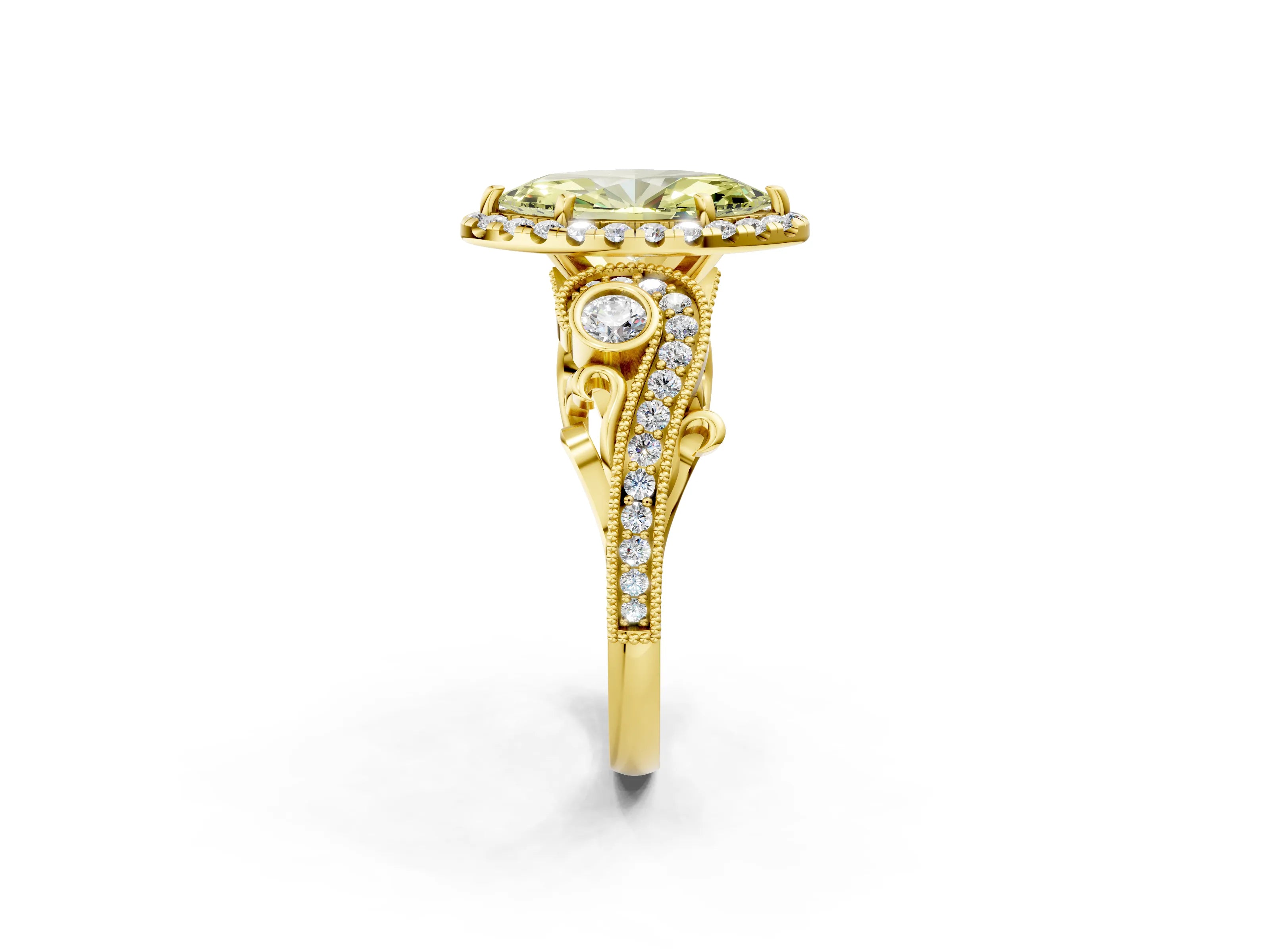 Yellow gold Fancy Yellow Marquise Cut Halo Diamond Ring with Milgrain and Bezel Accents on a Split Shank Band_2