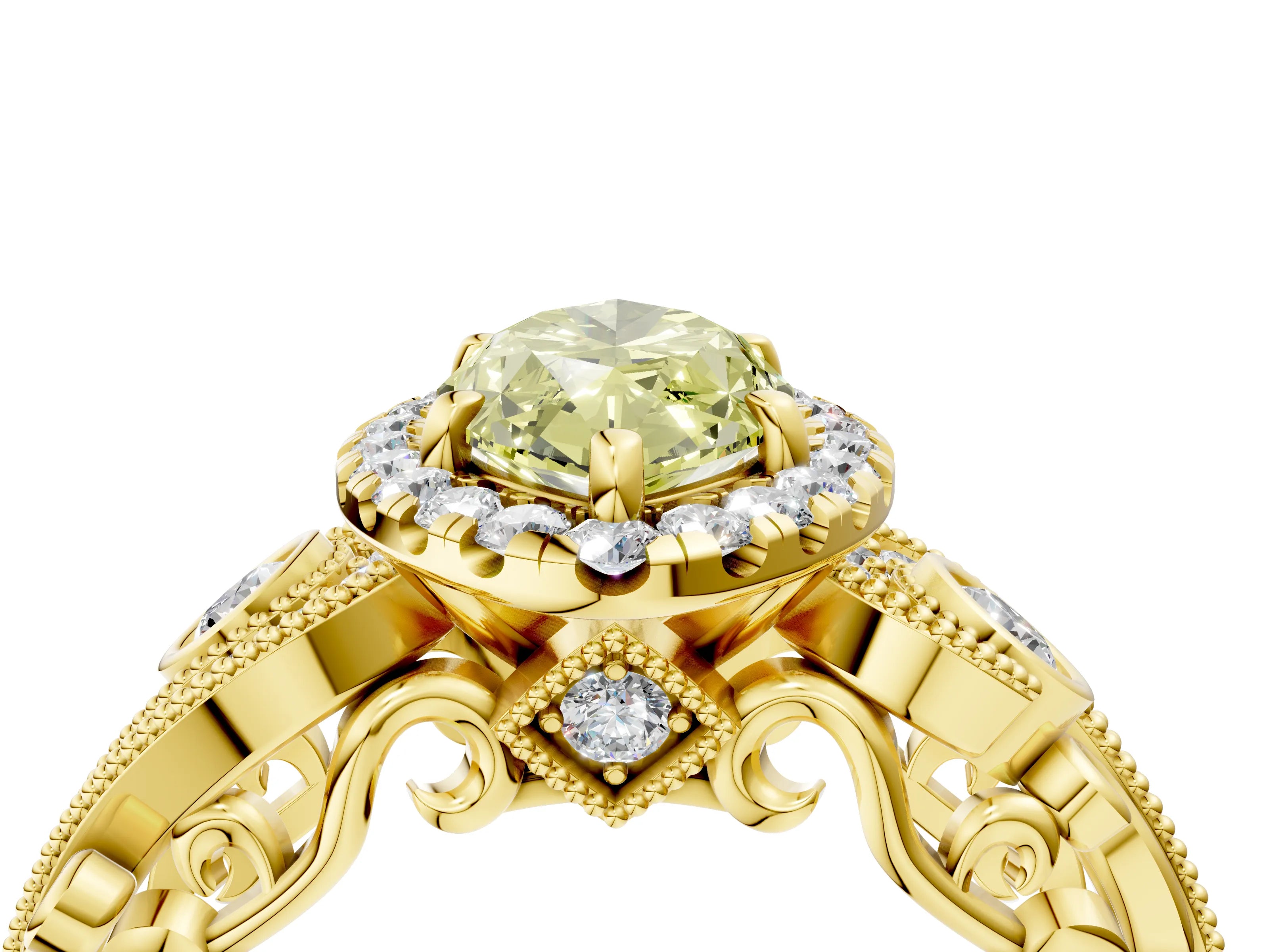 Yellow gold Fancy Yellow Marquise Cut Halo Diamond Ring with Milgrain and Bezel Accents on a Split Shank Band_4