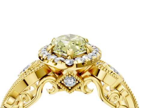 Yellow gold Fancy Yellow Marquise Cut Halo Diamond Ring with Milgrain and Bezel Accents on a Split Shank Band_4