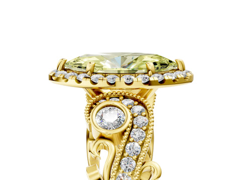 Yellow gold Fancy Yellow Marquise Cut Halo Diamond Ring with Milgrain and Bezel Accents on a Split Shank Band_5