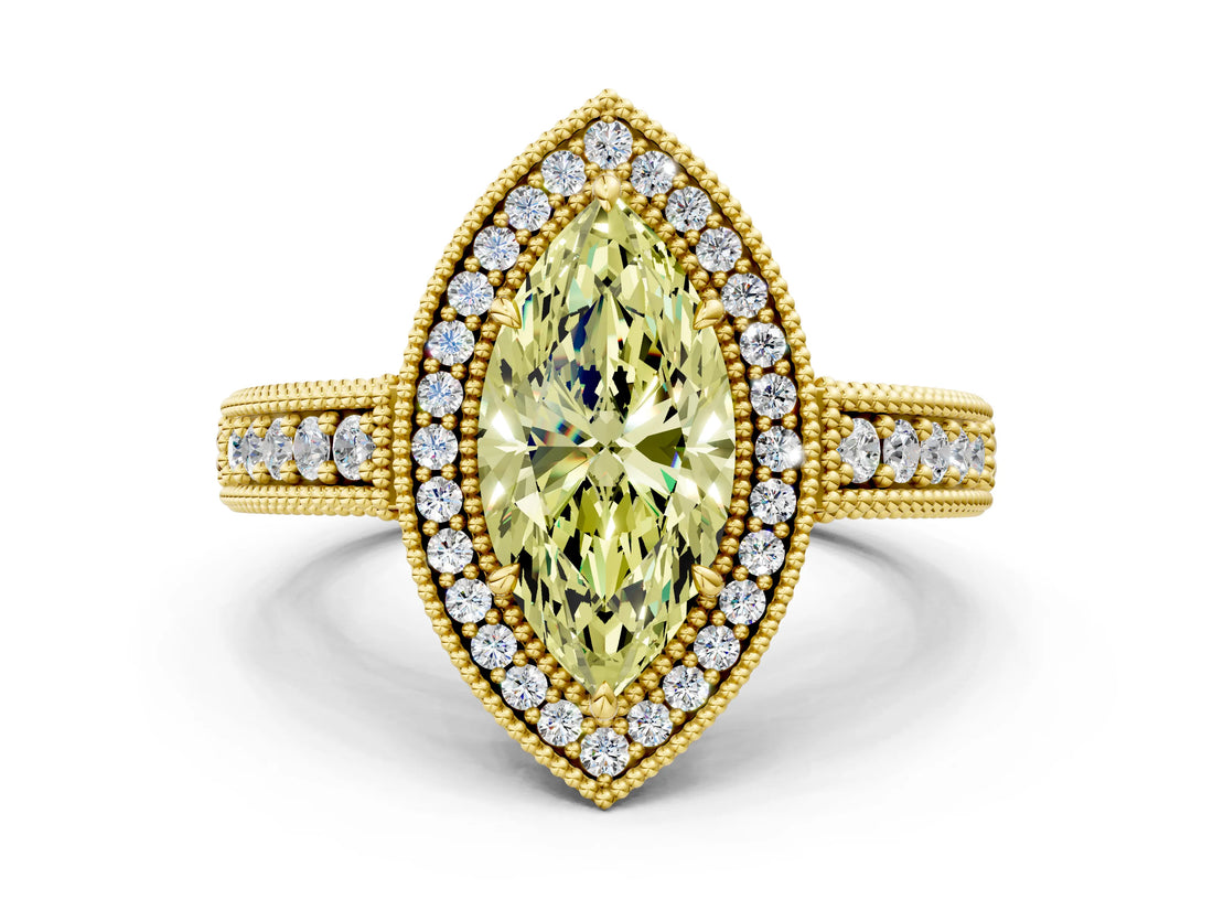 Yellow gold Fancy Yellow Marquise  Cut Halo Diamond Ring with Pavé Band and Four-Prong Setting_29
