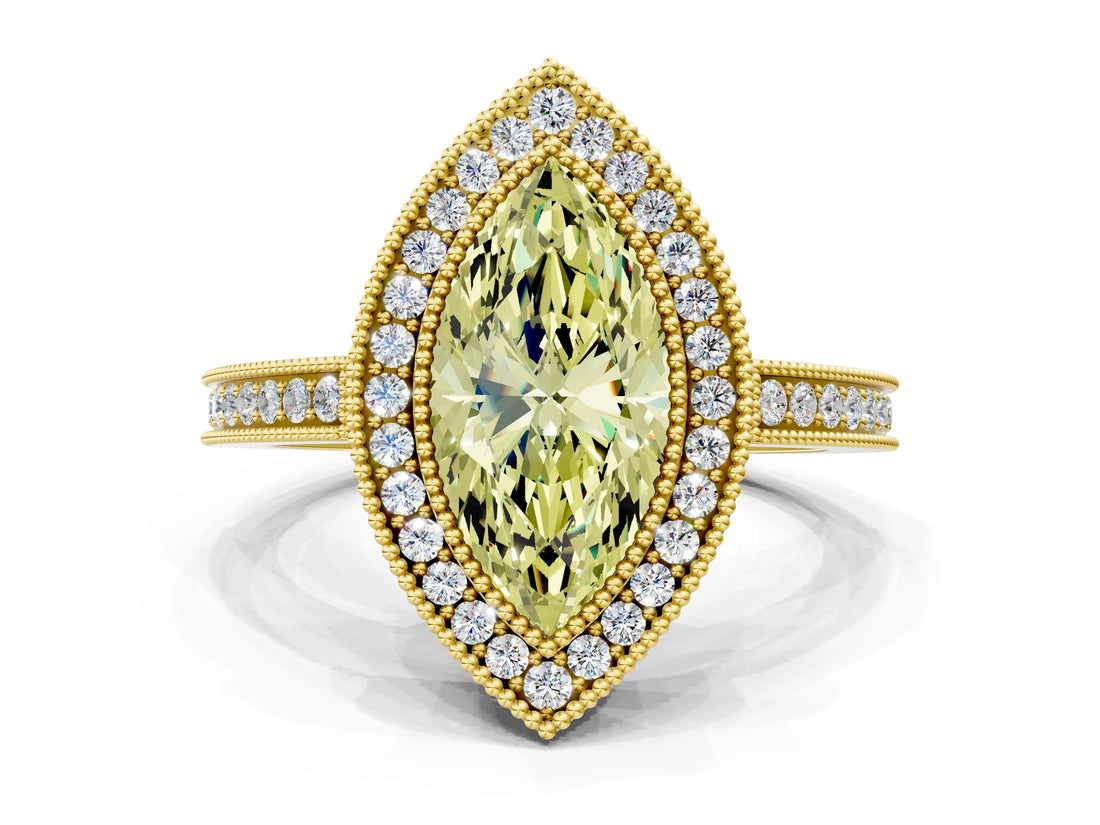 Yellow gold Fancy Yellow Marquise  Cut Halo Diamond Ring with Pavé Band and Milgrain Prong Setting_32