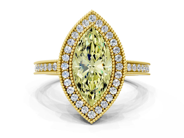 Yellow gold Fancy Yellow Marquise  Cut Halo Diamond Ring with Pavé Band and Milgrain Prong Setting